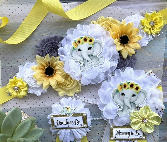Elephant Sunflower Baby Shower, Yellow Grey Maternity Sash, Mommy To Be Ribbon, Daddy To Be Pin, Gender Reveal Sunflower Baby Shower, Custom