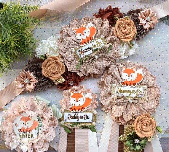 Boy Fox Woodland Baby Shower, Fox Woodland Maternity Sash, Fox Mommy To Be Corsage Pin, Woodland Daddy To Be Pin, Fox Woodland Shower