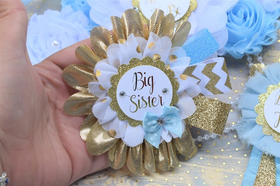 Big Sister Corsage Pin, Royal Baby Shower, Flower Big Sister Corsage Pin Set, Big Sister Pin, White Blue Gold Corsage Pin, Custom Pins