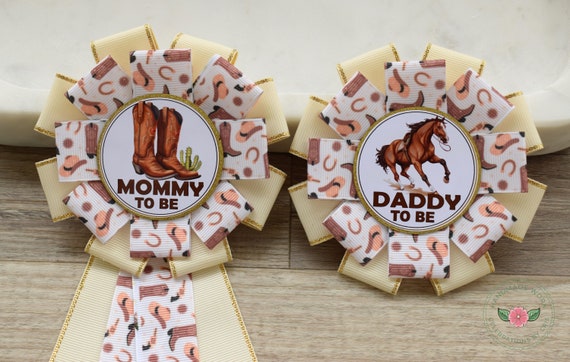 Neutral Cowboy Baby Shower, Cowboy Mommy To Be Ribbon Pin, Daddy To Be Pin, Brown Horse and Boots Corsage Pin