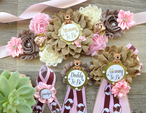 Girl Teddy Bear Baby Shower, Pink Bear Mommy Bear Maternity Sash, Papa Teddy Bear Mommy Daddy To Be Corsage, Pink Girl Teddy Bear, Custom