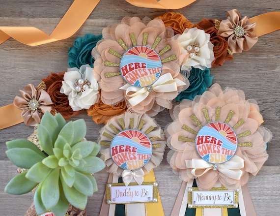 Here Come The Sun Baby Shower, Neutral Yellow Ivory Maternity Sash, Mommy To Be Ribbon, Daddy To Be Pin, Gender Reveal, Here Come The Son