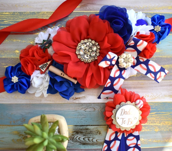 Baseball Maternity Sash, Red Blue Maternity Sash, Baseball Royal Blue Maternity Sash, Sport Red White Blue Maternity Sash Belt, Custom Sash
