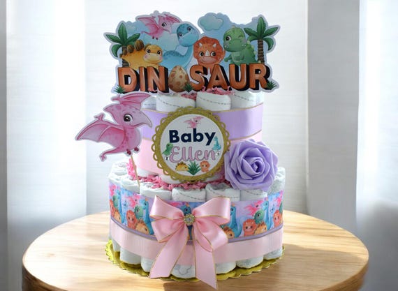 Girl Dinosaur Diaper Cake Baby Shower, 2 Tier Diaper Cake Centerpieces Decor, Dinosaur Party, Room Nursery Decor, New Mom Gifts - S00014