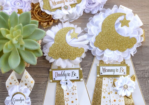 Twinkle Twinkle Little Star Baby Shower, Gender Reveal Maternity Sash, White Gold Twinkle Star Mommy To Be Pin, Twinkle Star Daddy To Be Pin