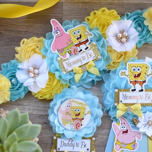 Sponge Baby Shower, Yellow Blue Maternity Sash, Mommy To Be Ribbon Badge Pin, Daddy To Be Pin, Baby Shower Gift