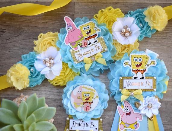 Sponge Baby Shower, Yellow Blue Maternity Sash, Mommy To Be Ribbon Badge Pin, Daddy To Be Pin, Baby Shower Gift
