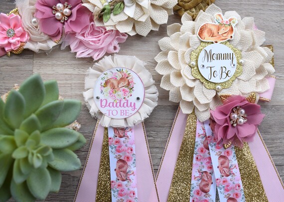 Girl Deer Baby Shower, Pink Deer Mommy To Be Maternity Sash, Deer Daddy To Be Corsage Pins, Pink Tan Gold Girl Beer, Custom