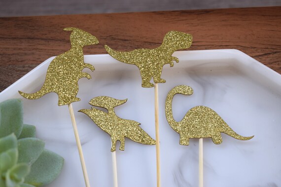 12 Gold Dinosaur Cupcake Topper, Dinosaur Baby Shower, Dinosaur Party, Set of 12