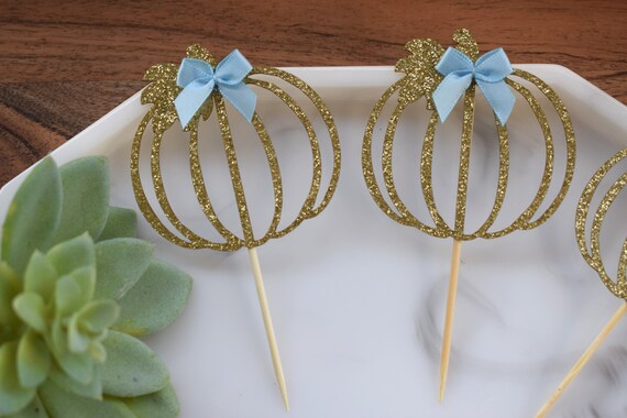 12 Blue Gold Pumpkin Cupcake Topper, Pumpkin Baby Shower, Blue Pumpkin Party, Set of 12