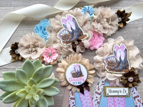 Boots and Bows Gender Reveal Baby Shower, Blue Pink Maternity Sash, Boy Girl Mommy To Be Pin, Daddy To Be Pin, Boots and Bows Baby Shower