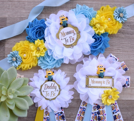 Yellow Comedy Baby Shower, Yellow Blue Maternity Sash, Blue Yellow Mommy To Be Ribbon, Daddy To Be Pin, Baby Shower Pin, Custom