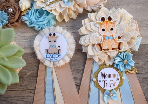 Boy Giraffe Baby Shower, Blue Giraffe Maternity Sash, Blue Giraffe Mommy To Be Pin, Giraffe Daddy To Be Pin, Baby Shower Gift, Custom Pin