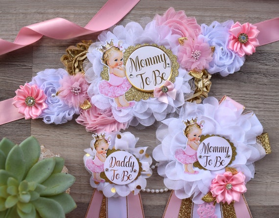 Pink Gold Princess Flower Sash, Pink Gold Maternity Sash, Pink Gold White Pregnant Sash, Mommy and Daddy To Be, Princess Baby Shower, Custom