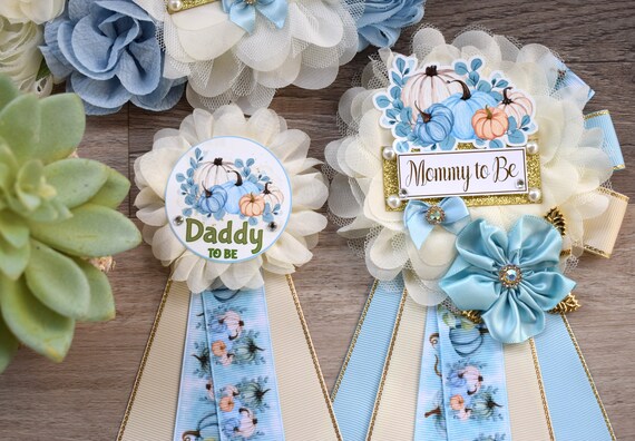 Blue Boy Pumpkin Baby Shower, Pastel Blue Maternity Sash, Blue Mommy To Be Ribbon, Pumpkin Daddy To Be Pin, Blue Boy Baby Shower Present