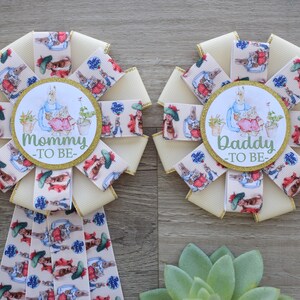 Gender Reveal Rabbit Baby Shower, Rabbit Bunny Mommy to Be Ribbon Pin, Daddy To Be Pin, Parent&#39;s To Be Pins
