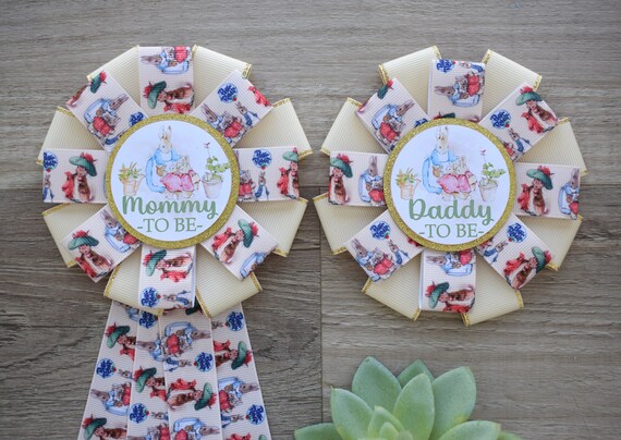 Gender Reveal Rabbit Baby Shower, Rabbit Bunny Mommy to Be Ribbon Pin, Daddy To Be Pin, Parent's To Be Pins