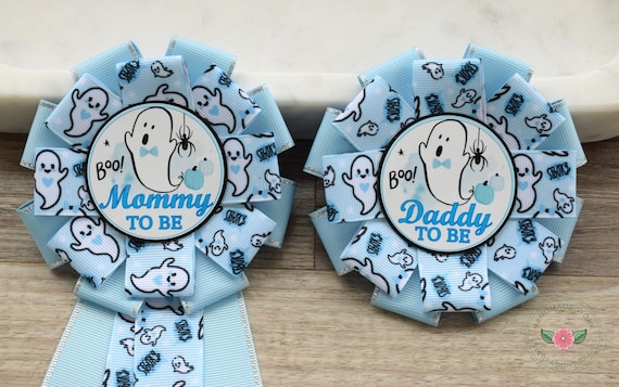 Boy Blue Ghost Halloween Baby Shower, Ghost Baby Shower, Mommy To Be Ribbon, Daddy To Be Pin