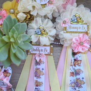 Girl Winnie the Pooh Classic Baby Shower, Pink Yellow Winnie Mommy To Be Pin, Classic Winnie Mommy and Daddy Pin, Custom
