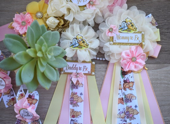 Girl Winnie the Pooh Classic Baby Shower, Pink Yellow Winnie Mommy To Be Pin, Classic Winnie Mommy and Daddy Pin, Custom