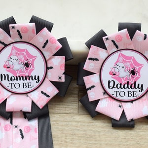 Pink Ghost Halloween Baby Shower, Girl Ghost Baby Shower, Mommy To Be Ribbon, Daddy To Be Pin