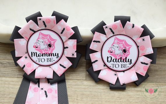 Pink Ghost Halloween Baby Shower, Girl Ghost Baby Shower, Mommy To Be Ribbon, Daddy To Be Pin