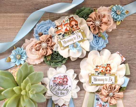 Blue Boy Woodland Baby Shower, Woodland Maternity Sash, Woodland Mommy To Be Ribbon, Woodland Daddy To Be Pin, Baby Shower Gift- S0005