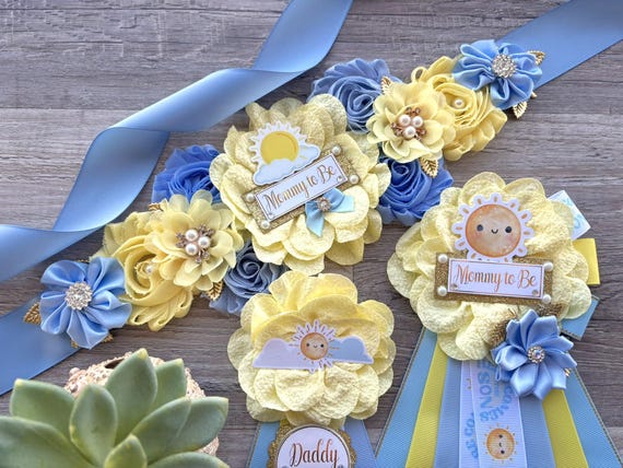 Here Come The Son Baby Shower, Neutral Yellow Ivory Maternity Sash, Mommy To Be Ribbon Badge Pin, Daddy To Be Pin, Here Come The Sun