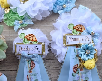 Turtle Baby Shower, Turtle Aqua Blue Flower Sash, Under The Sea Corsage Pin, Turtle Mommy To Be, Turtle Daddy To Be, Turtle Shower