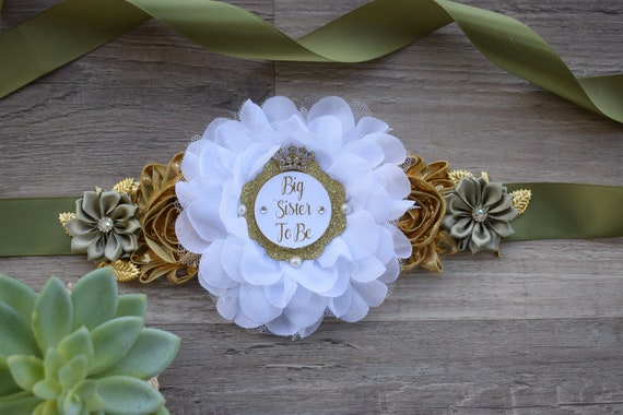 Greenery Big Sister To Be Flower Sash, Greenery Gold Maternity Sash, Sage Green Gold Big Sister Outfit, Sage Gold Baby Shower, Custom Sash