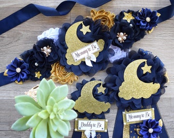 Navy Blue Twinkle Twinkle Little Star Baby Shower, Maternity sash, Navy Blue Gold Twinkle Star Mommy To Be Pin, Twinkle Star Daddy To Be Pin