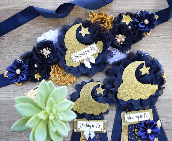 Navy Blue Twinkle Twinkle Little Star Baby Shower, Maternity sash, Navy Blue Gold Twinkle Star Mommy To Be Pin, Twinkle Star Daddy To Be Pin