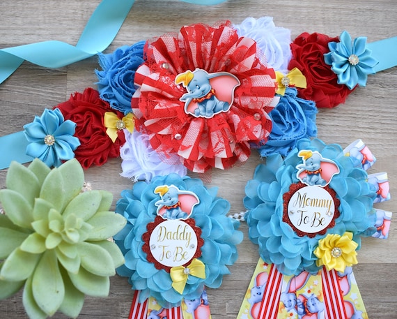 Elephant Dumbo Circus Baby Shower, Red Blue White Maternity Sash, Elephant Mommy To Be Pin, Fly Elephant Daddy To Be Pin, Custom Order