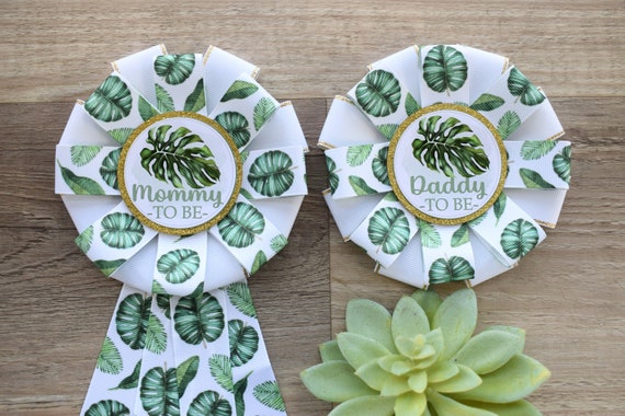 Greenery Leaf Baby Shower, Green Leave Mommy To Be Ribbon Pin, Green Leaf Daddy To Be Badge Pin, Parent's To Be Pins