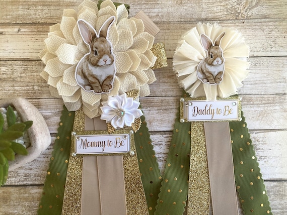 Rabbit Baby Shower, Boy Rabbit Mommy to Be Pin, Blue Green Rabbit Shower, Rabbit Mommy Corsage Pin