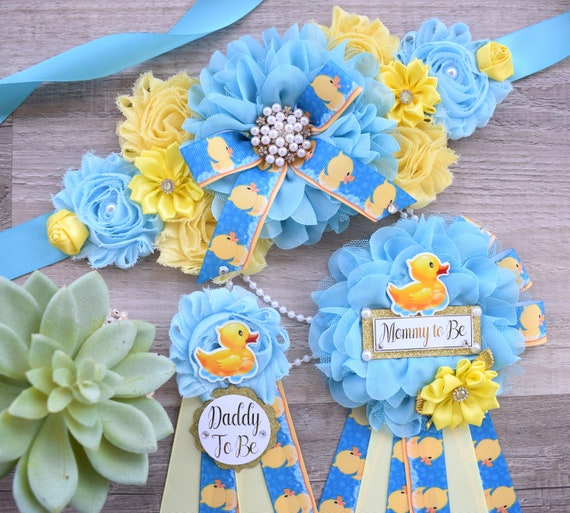 Boy Ducky Baby Shower, Ducky Maternity Sash, Rubber Duck Mommy To Be Ribbon, Yellow Blue Rubber Duck Daddy To Be Pin, Baby Shower Gift