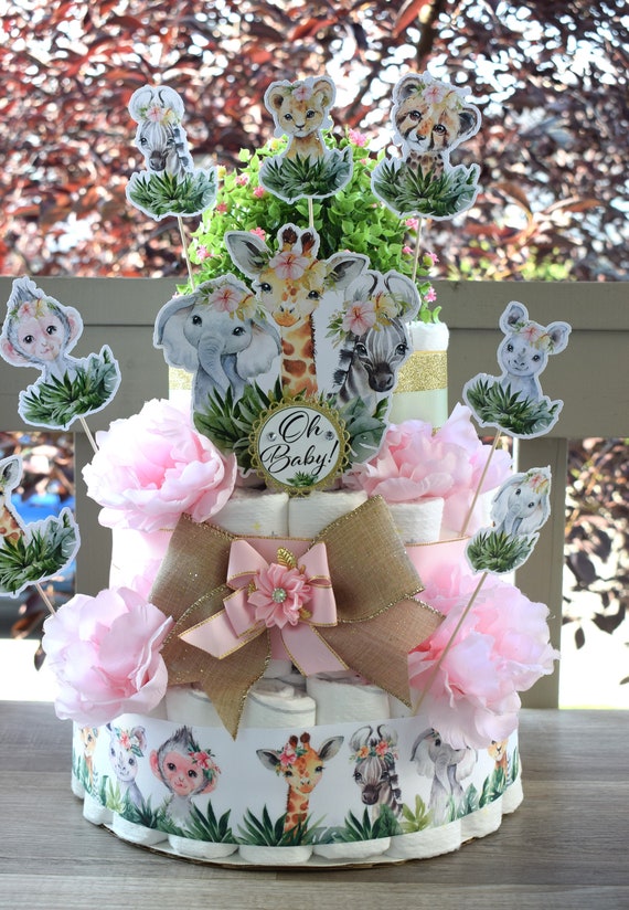 Girl Pink Jungle Safari Diaper Cake Baby Shower, Girl Baby Shower Centerpieces Decorations, Girl Room Nursery Decor, New Mom Gifts - S0001
