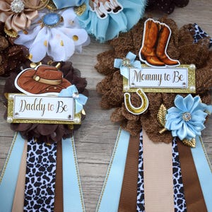 Blue Cowboy Baby Shower, Blue Cowboy Maternity Sash, Boy Cowboy Mommy and Daddy To Be Pin, Blue Brown Flower Sash, Blue Boot Hat Corsage Pin