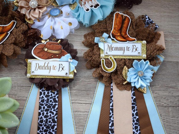 Blue Cowboy Baby Shower, Blue Cowboy Maternity Sash, Boy Cowboy Mommy and Daddy To Be Pin, Blue Brown Flower Sash, Blue Boot Hat Corsage Pin