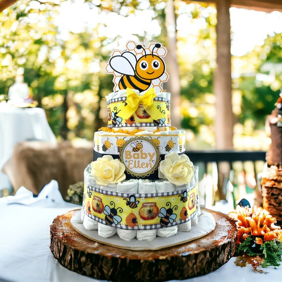 Bumble Bee Diaper Cake Baby Shower, Sunflower 3 Tier Diaper Cake Centerpieces Decorations, What Will Baby Bee, Bee Cake Topper - S0023