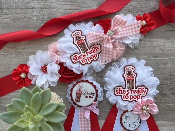 Girl Ready To Pop Baby Shower, Red & Pink Maternity Sash, Mommy To Be Pin, Daddy To Be Pin, My Little Soda Pop Baby Shower, Custom Welcome