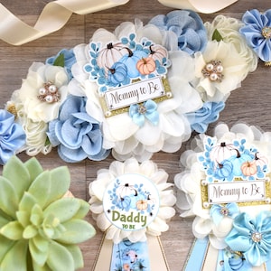 Blue Boy Pumpkin Baby Shower, Pastel Blue Maternity Sash, Blue Mommy To Be Ribbon, Pumpkin Daddy To Be Pin, Blue Boy Baby Shower Present