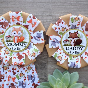 Neutral Woodland Animal Baby Shower, Fox Woodland Mommy To Be Corsage Pin, Woodland Daddy To Be Pin, Woodland Animal Shower
