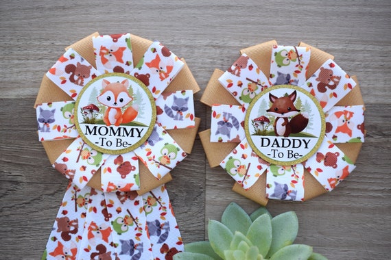 Neutral Woodland Animal Baby Shower, Fox Woodland Mommy To Be Corsage Pin, Woodland Daddy To Be Pin, Woodland Animal Shower