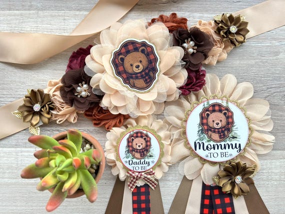Lumberjack Bear Plaid Baby Shower, Buffalo Plaid Maternity Sash, Mommy To Be Pin, Daddy To Be Pin, Baby Shower Gift, Custom Order Welcome