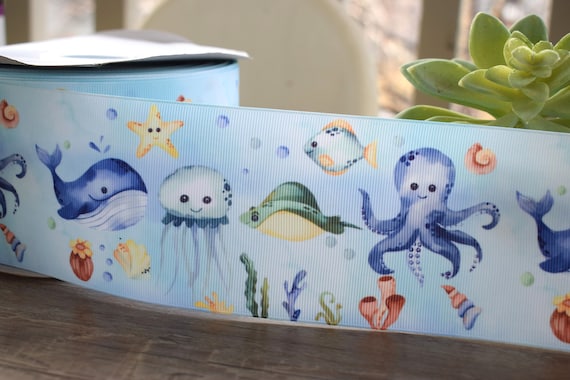 Under The Sea Grosgrain Ribbon, Sea Baby Shower, Octopus Fish Turtle Ribbon, Centerpieces Decorations || 3 Yards of Ribbon - 3" (75mm)