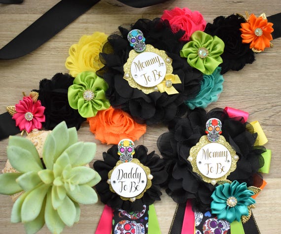 Sugar Skull Halloween Baby Shower, Fuchsia Orange Maternity Sash, Mommy To Be Ribbon, Daddy To Be Pin, Sugar Skull Baby Shower Gift, Custom
