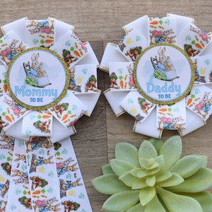 Gender Reveal Rabbit Baby Shower, Bunny Mommy to Be Ribbon Pin, Daddy To Be Pin, Parent&#39;s To Be Pins