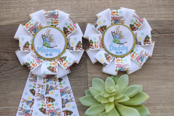 Gender Reveal Rabbit Baby Shower, Bunny Mommy to Be Ribbon Pin, Daddy To Be Pin, Parent's To Be Pins