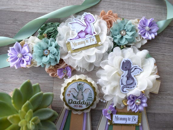 Girl Dragon Baby Shower, Dragon Mommy To Be Ribbon Pin, Dragon Maternity Sash, Dragon Daddy to Be Pin, Dragon Diaper Cake, Cupcake - S0002